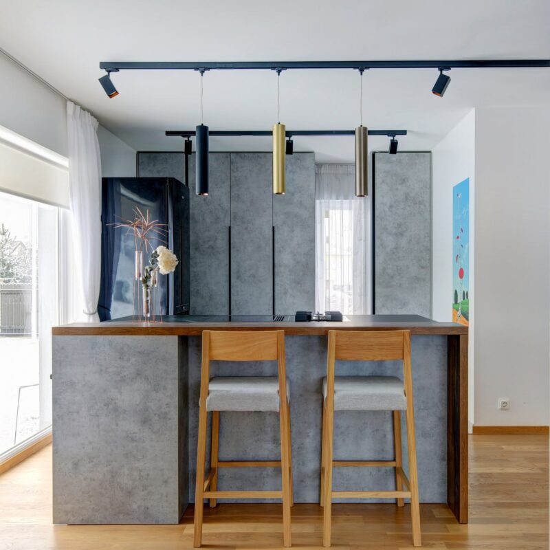 gray modern kitchen with island