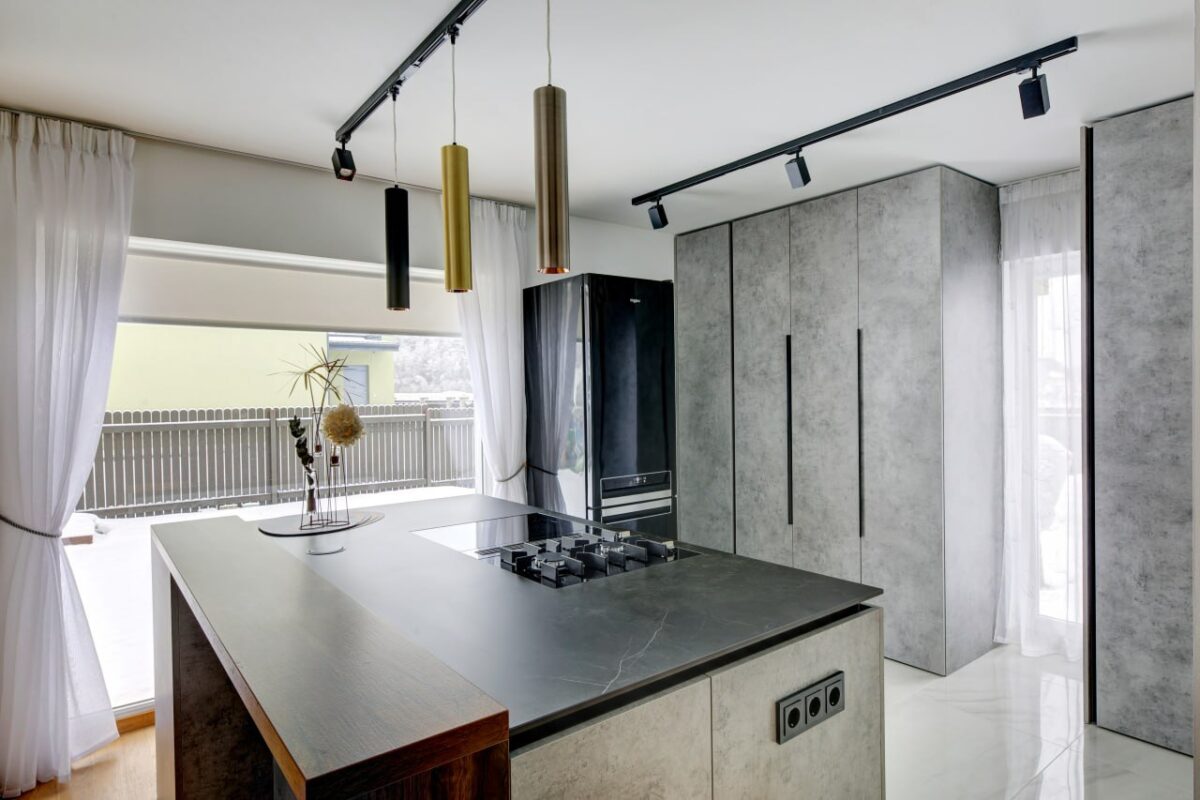 gray modern kitchen with island-3